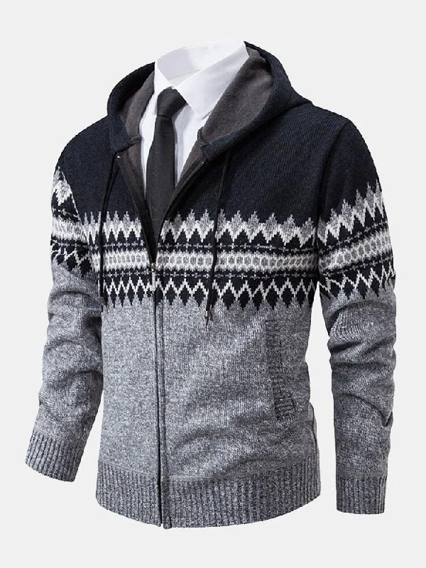 Geometric Pattern Zip Hooded Sweater