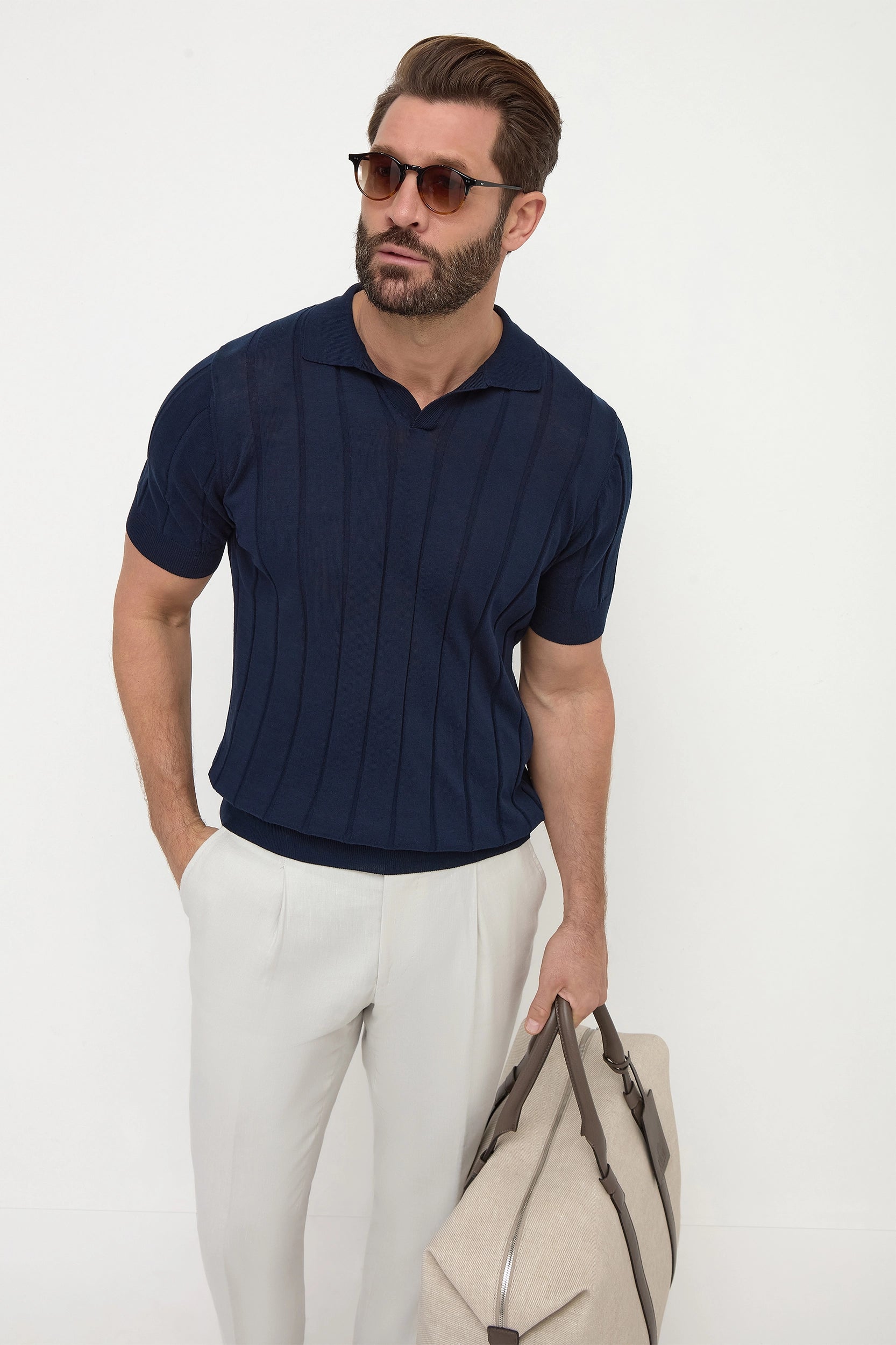 Blue ribbed polo - Made in Italy