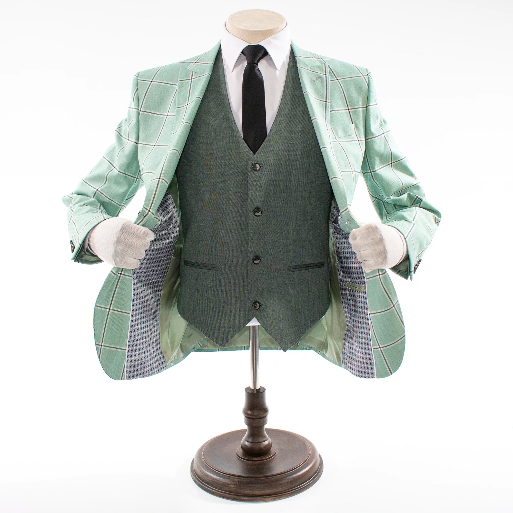 Mint Green Windowpane Plaid 3-Piece Tailored-Fit Suit With Peak Lapels