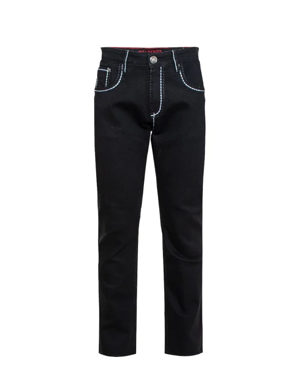 Giannii Jet Black Men's Slim-Fit Jeans with White Stitches