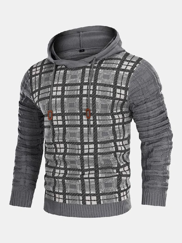 Slim Fit Knitted Plaid Paneled Hooded Sweater