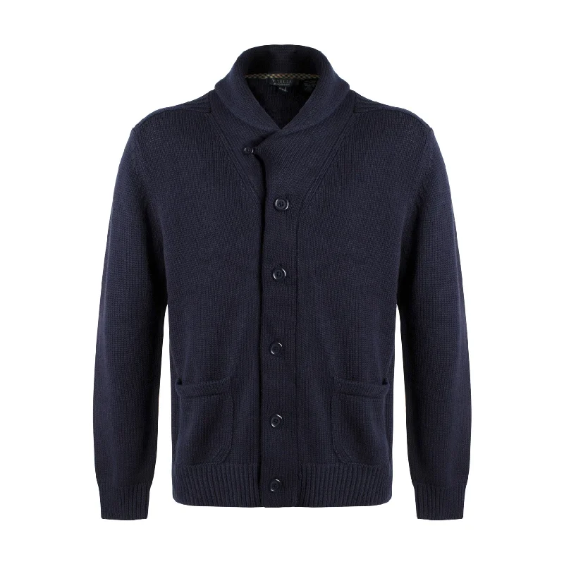 Cotton Wide Rib Shawl Collar Button-Front Cardigan Sweater in Navy by Viyella