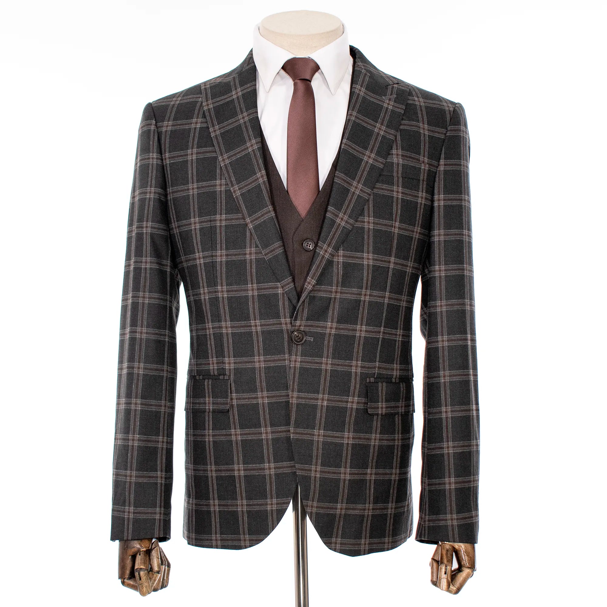 Charcoal and Brown Plaid 3-Piece Slim-Fit Suit