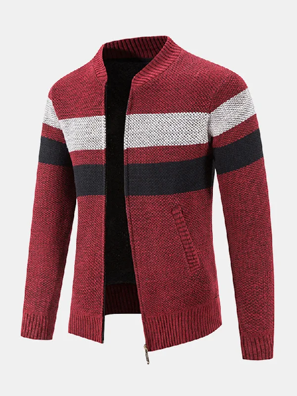 Striped Baseball Collar Teddy Lined Zip Up Sweater