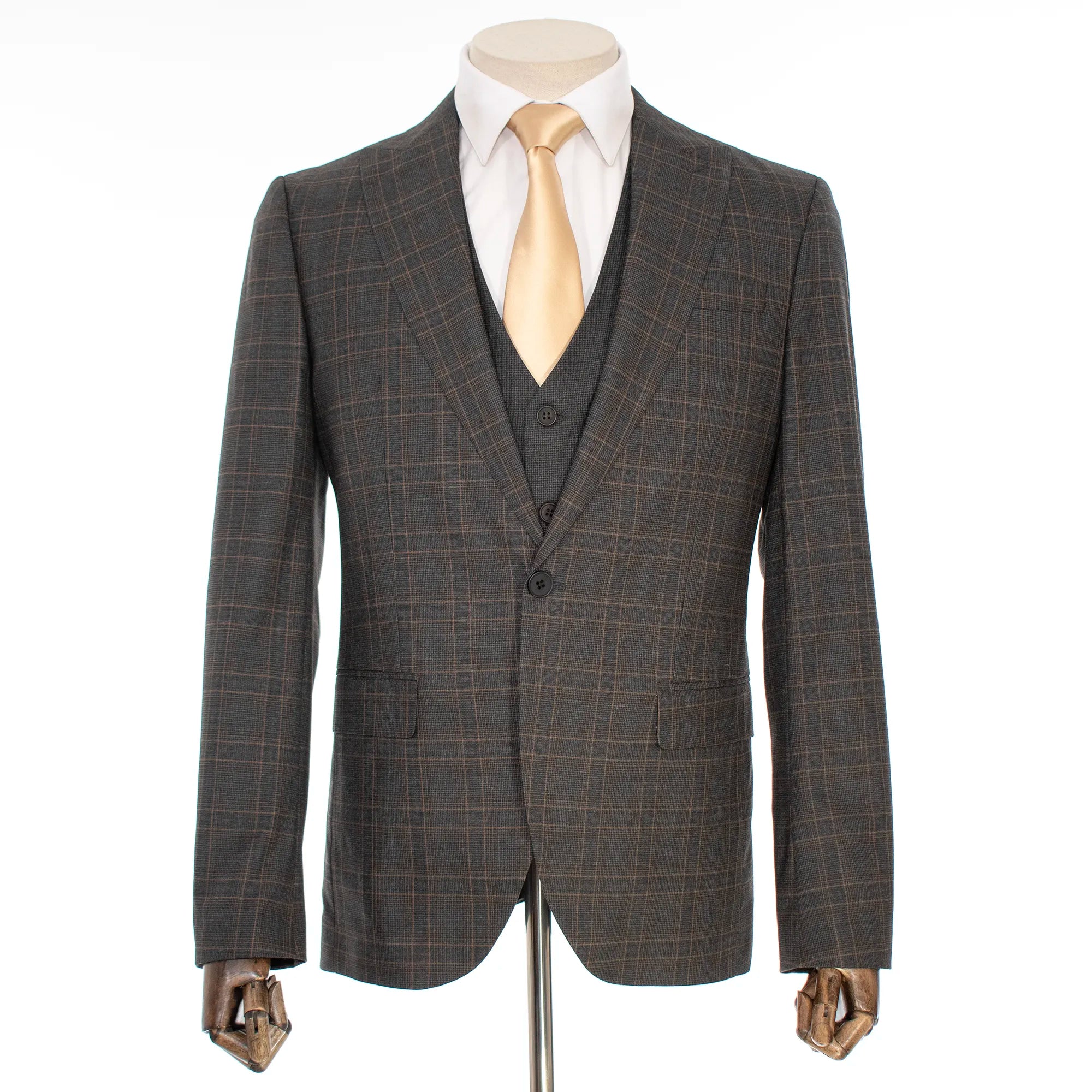 Dark Gray and Tan Plaid 3-Piece Slim-Fit Suit