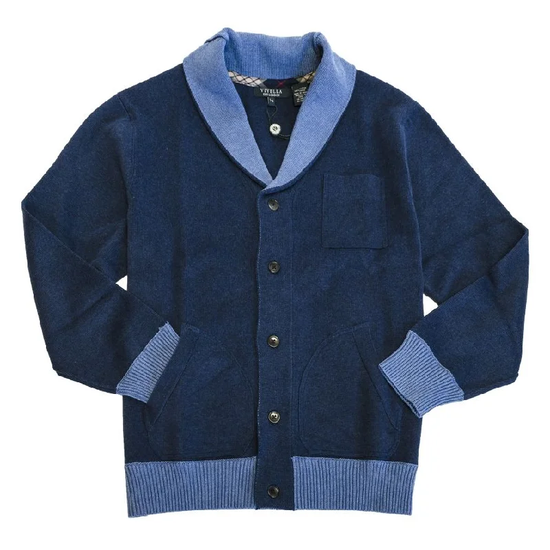 Cotton Shawl Collar Two-Tone Button-Front Cardigan Sweater in Blue (Size Large) by Viyella