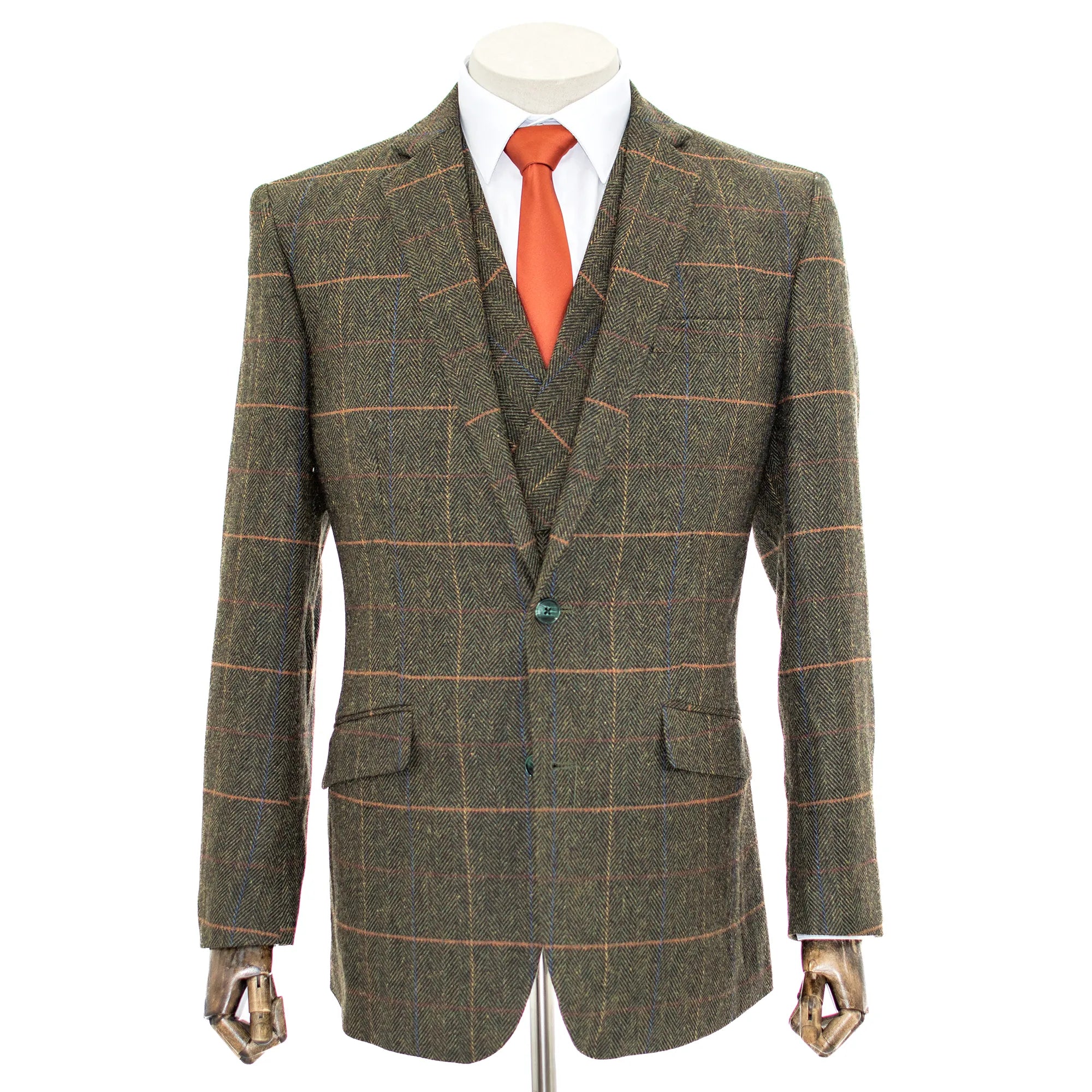 Green Windowpane Herringbone 3-Piece Slim-Fit Suit