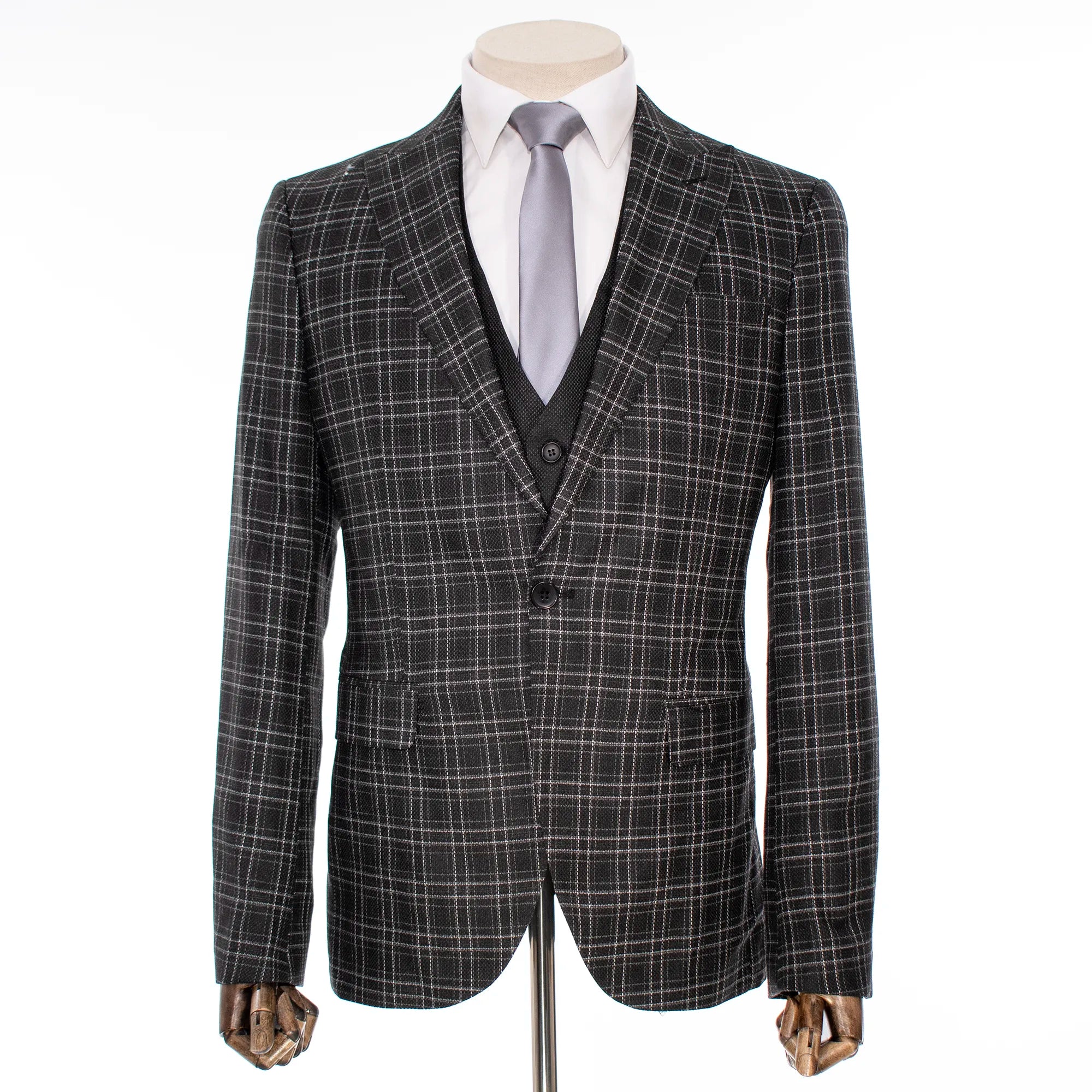 Black Plaid 3-Piece Slim-Fit Tweed Suit