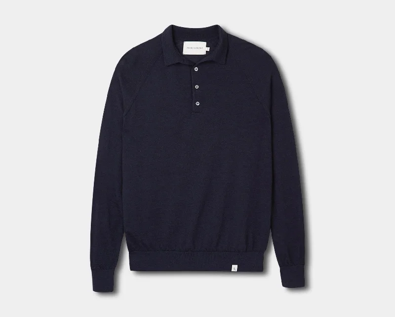 Navy Long Sleeve Wool Polo