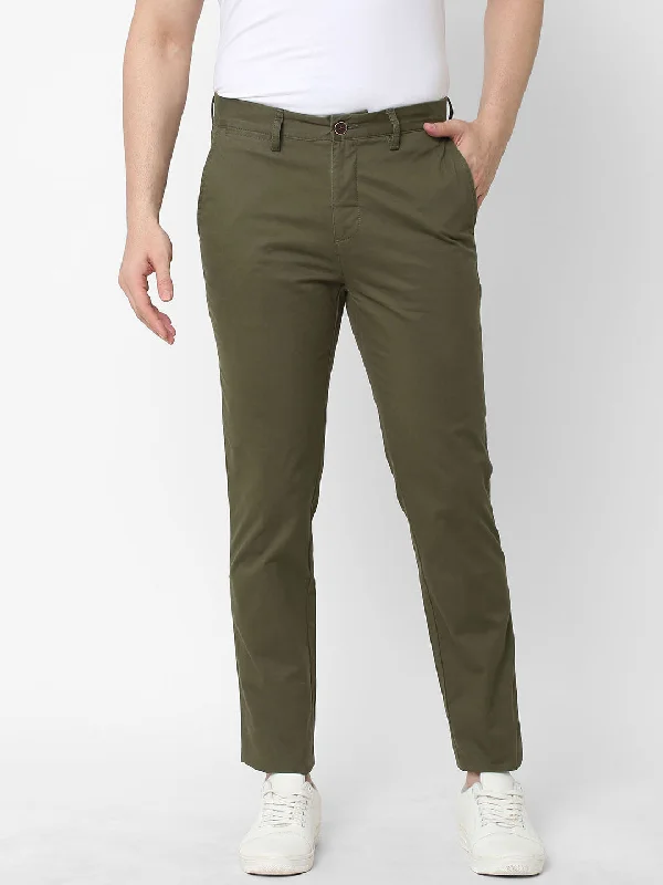 Men's Olive Cotton Lycra Slim Fit Pant