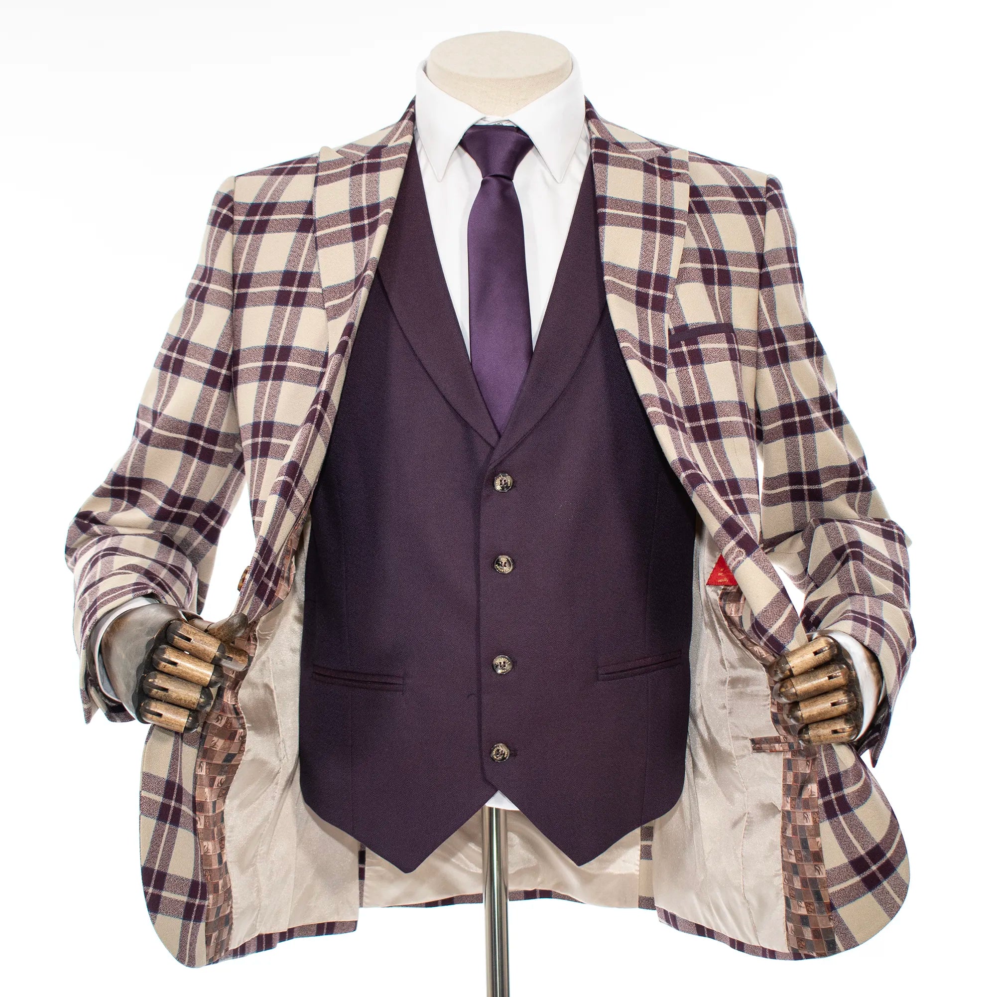 Tan and Eggplant Plaid 3-Piece Tailored-Fit Suit