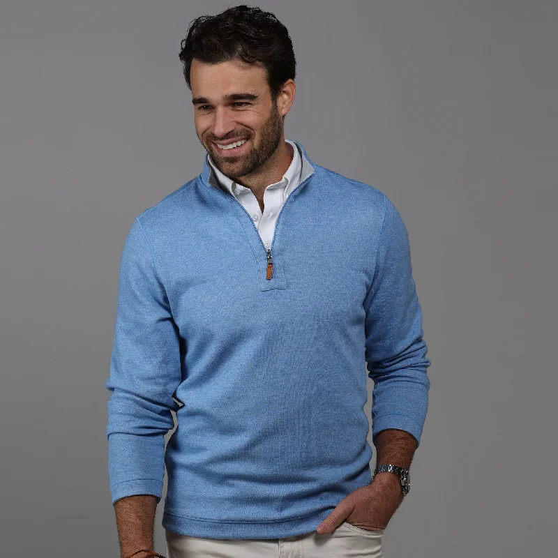 Sky Blue and Light Grey Zen Cotton Blend Reversible Quarter Zip Pullover