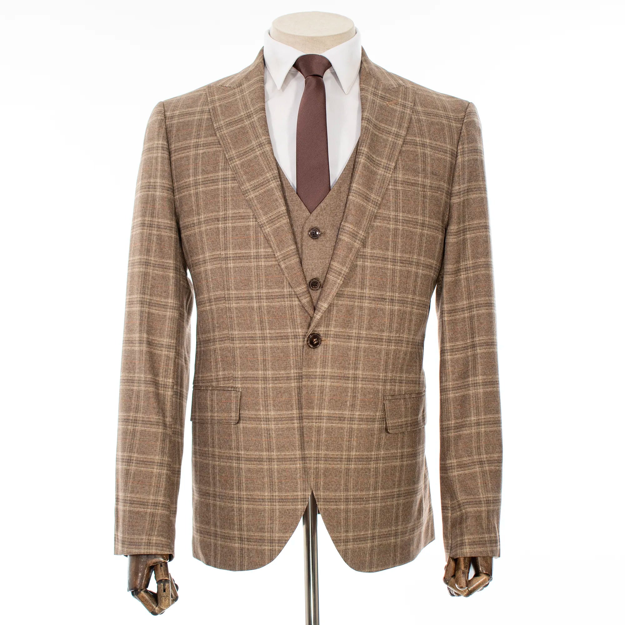 Brown Plaid 3-Piece Slim-Fit Suit