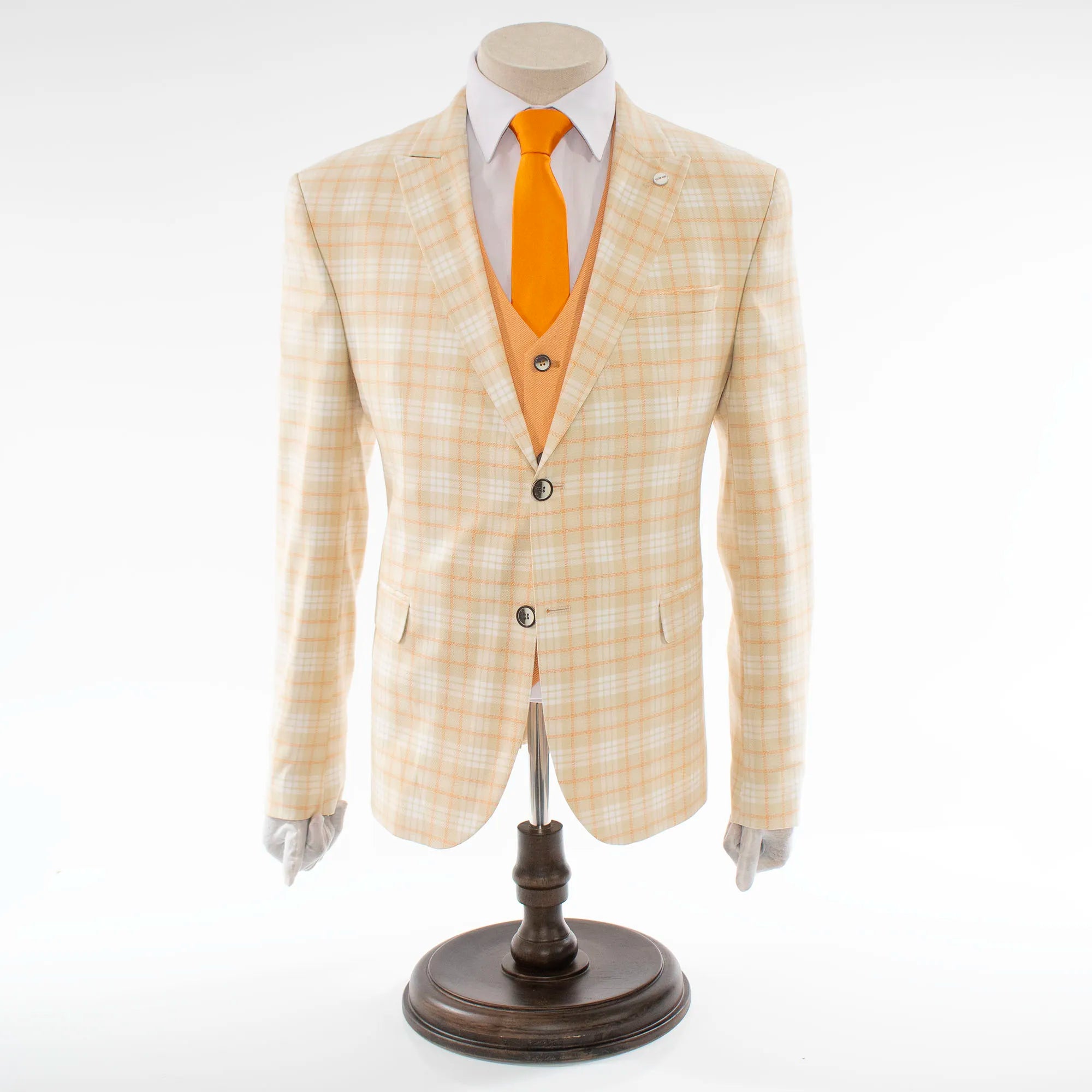 Beige Plaid 3-Piece Tailored-Fit Suit With Peak Lapels