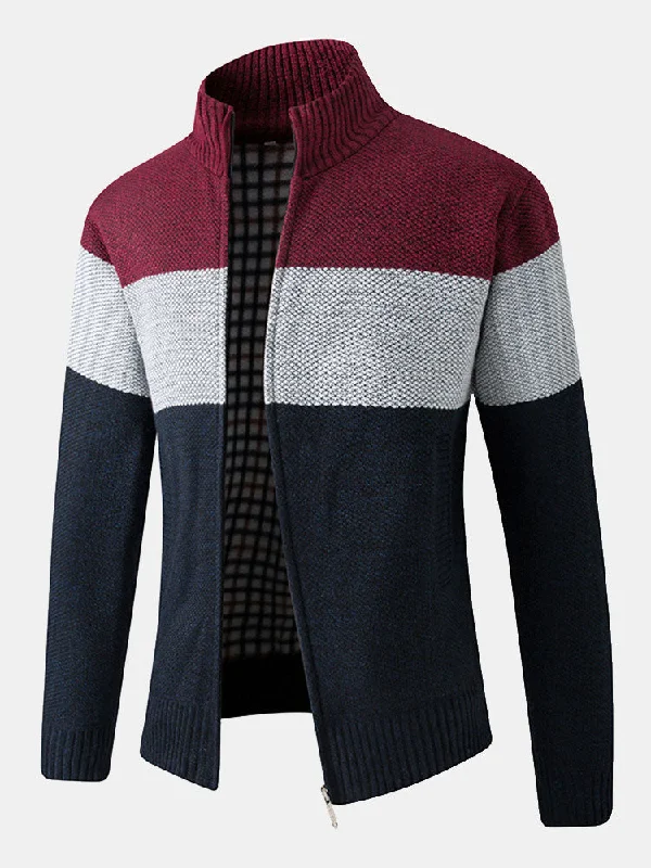 Color Block Patchwork Zip Up Sweater