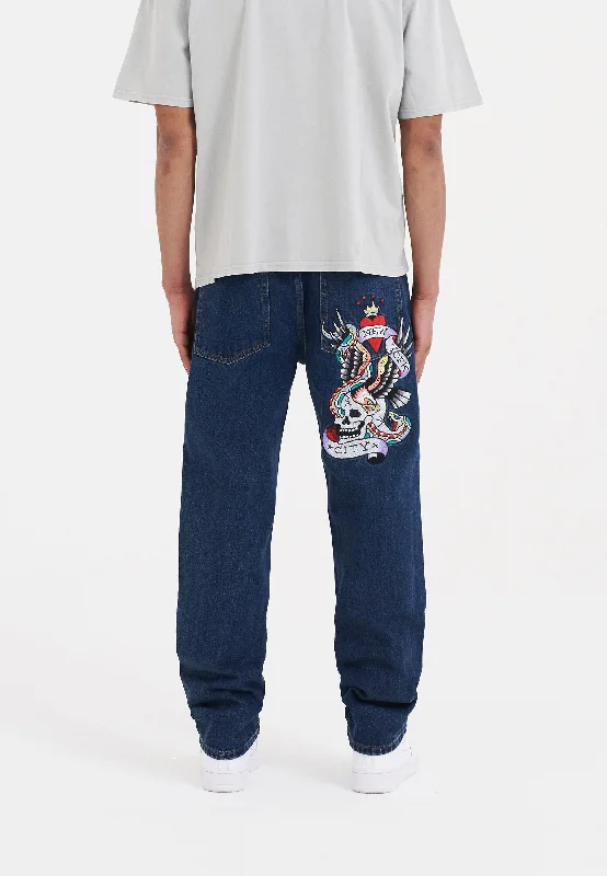 Mens Nyc-Skull Tattoo Graphic Denim Trousers Jeans - Indigo