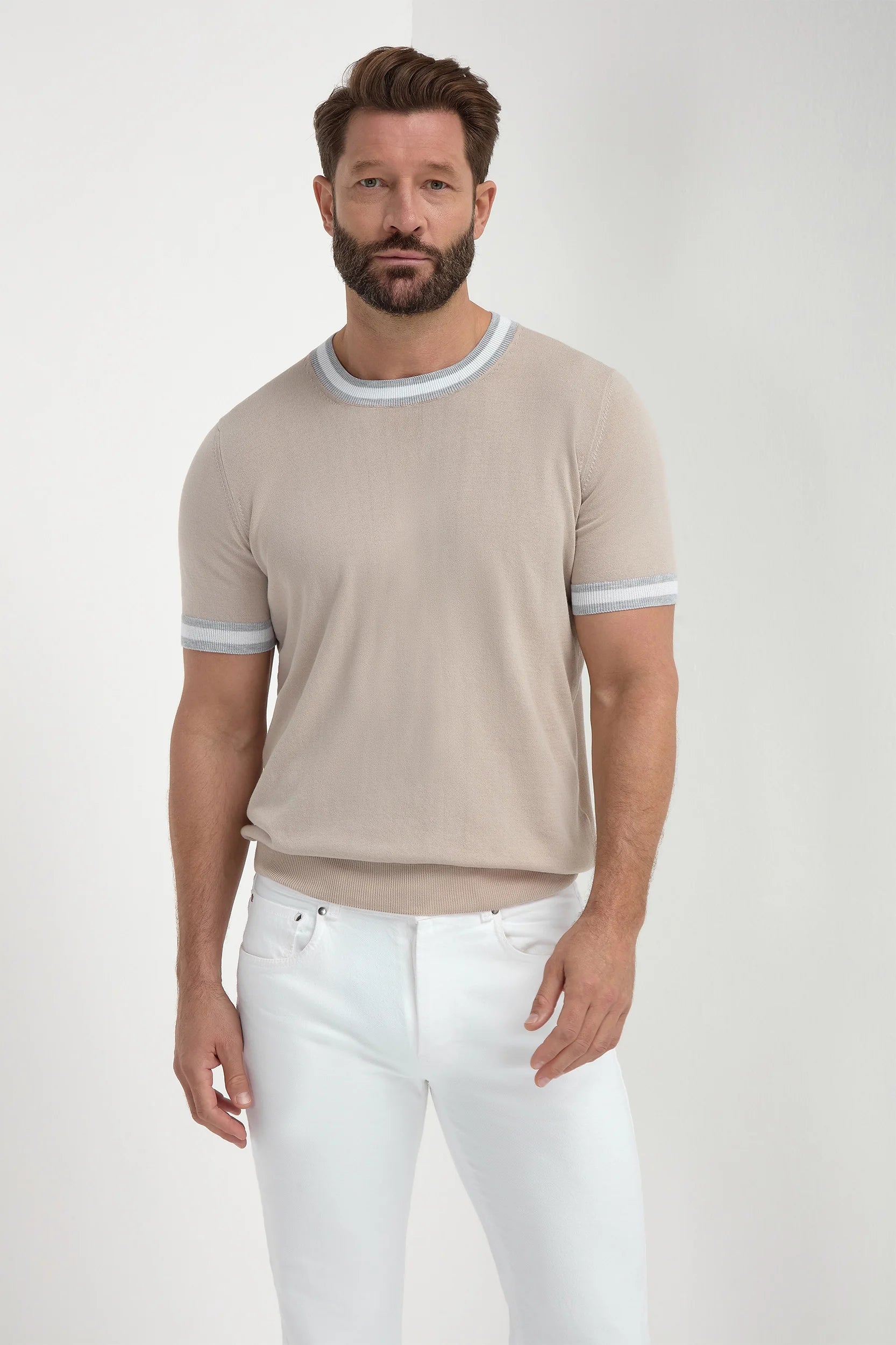 Beige striped collar detail knitted t-shirt - Made in Italy