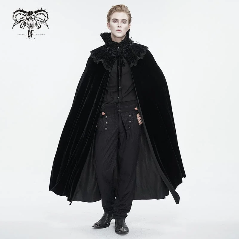 Men's Gothic Stand Collar Lace Splice Velvet Cloak