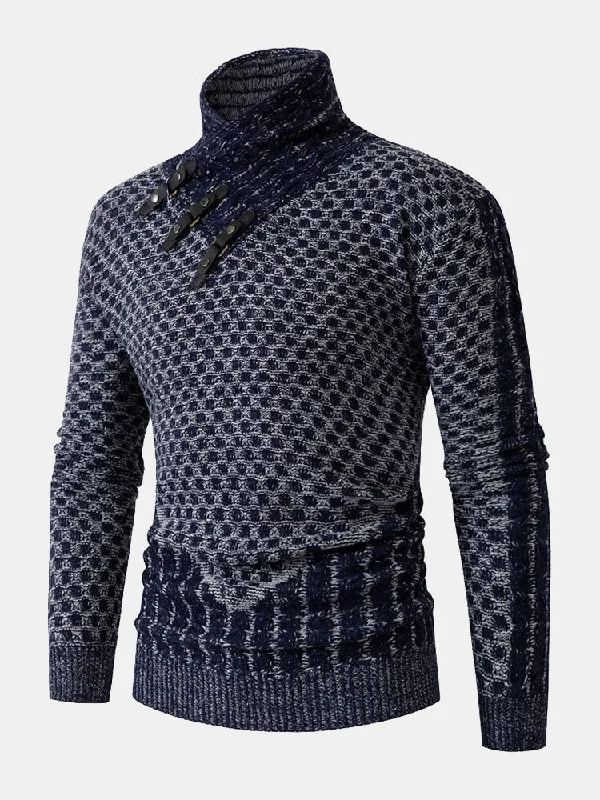 Leather Buckle Knitted Jacquard Turtleneck Sweater