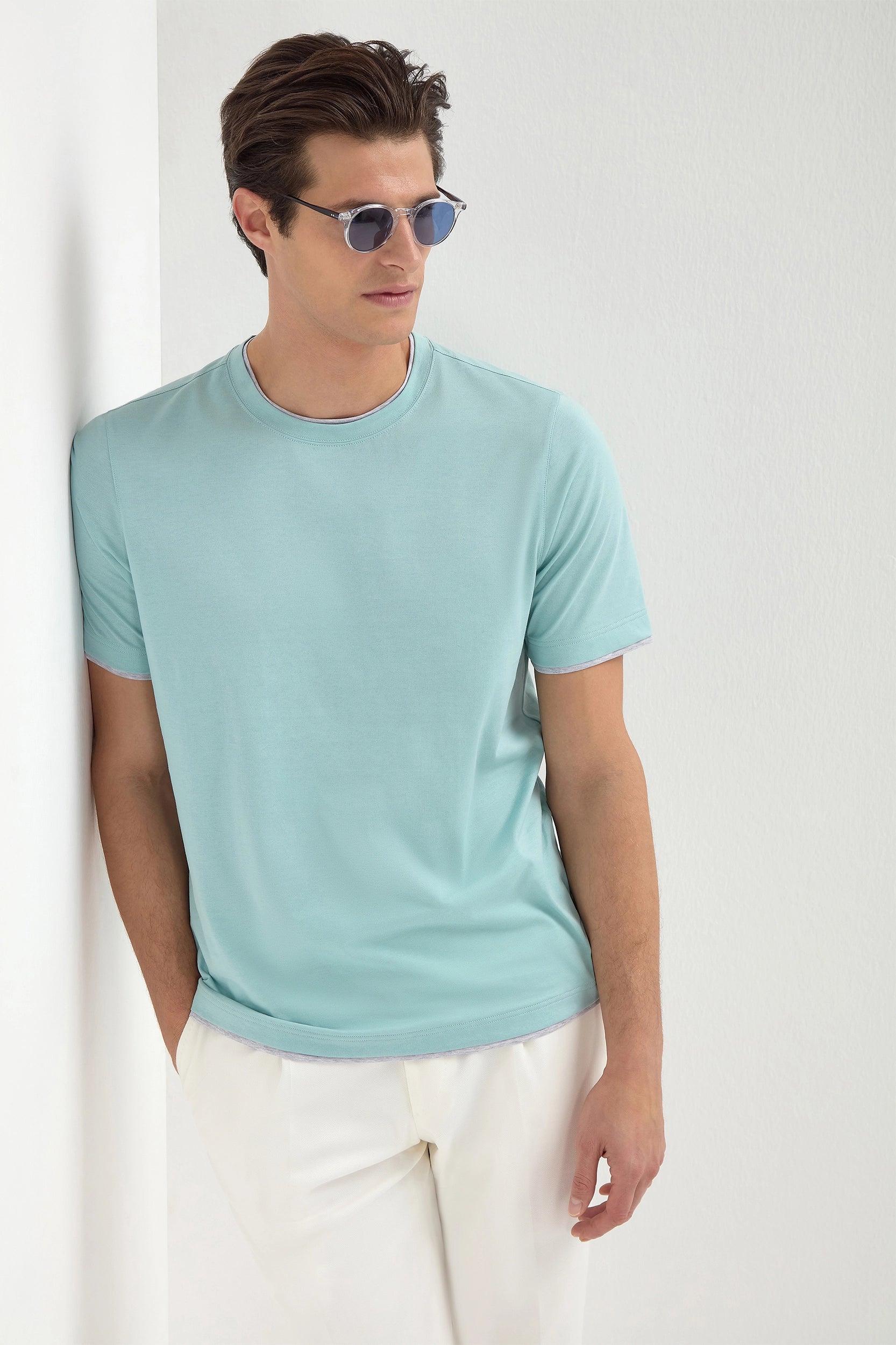 Mint cotton t-shirt with collar detail - Made in Italy