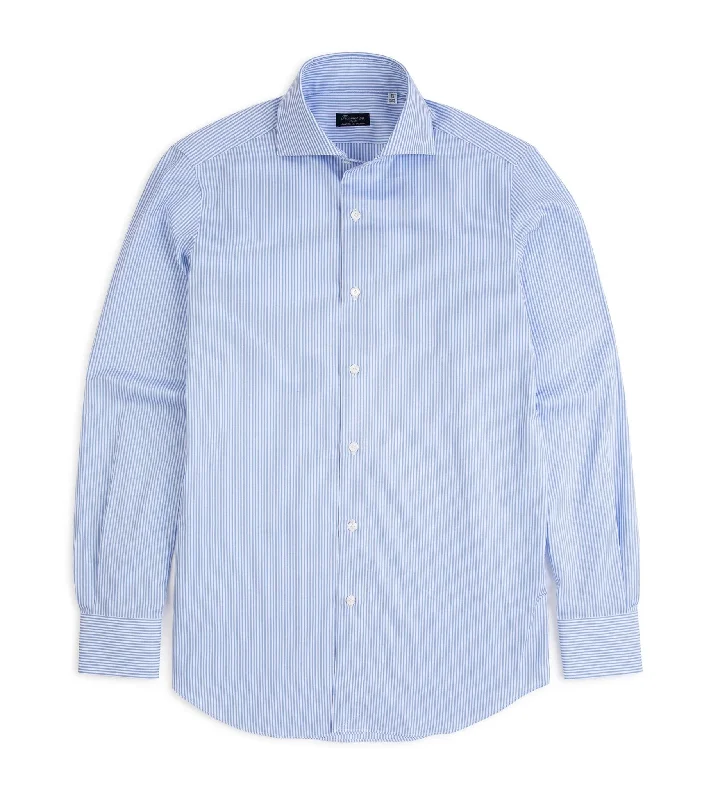 Finamore Milano Eduardo 120 Double Twist Cotton Formal Shirt: Blue Stripe