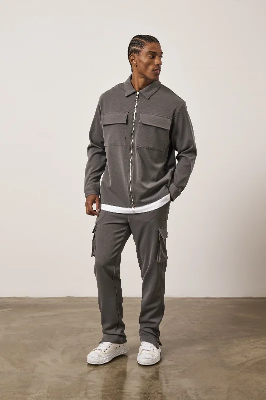 TECHNICAL RIB ZIP THROUGH SHACKET - CHARCOAL