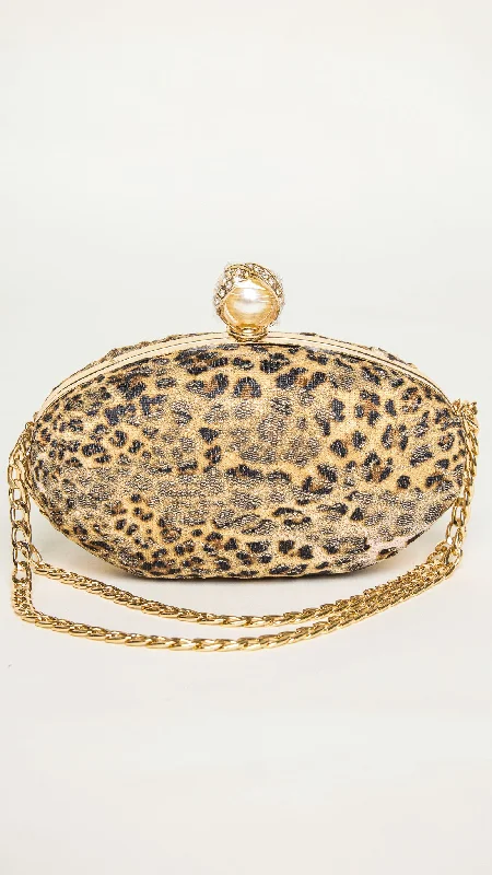 Mara Gold-Accessorized Leopard Print Clutch